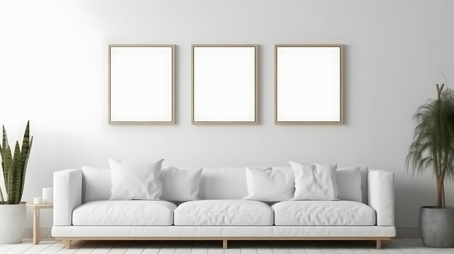 Blank picture frame mockup on white wall. Modern living room design. View of modern scandinavian style interior with sofa. Three square templates for artwork, painting, photo or poster, Bright color,