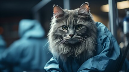 A gray cat wearing a blue lab coat is sitting on a table in a laboratory