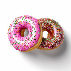 Delicious glazed donut with colorful sprinkles on white background.