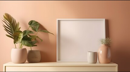 Empty horizontal frame mockup in modern minimalist interior with plant in trendy vase on beige wall background. Template for artwork, painting, photo or poster, Bright color, ultra realistic