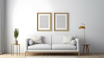 Blank picture frame mockup on white wall. Modern living room design. View of scandinavian style interior with sofa. Two horizontal templates for artwork, painting, photo or poster, Bright color, ultra