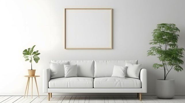 Fototapeta Blank picture frame mockup on white wall. White living room design. View of modern scandinavian style interior with sofa. Home staging and minimalism concept, Bright color, ultra realistic