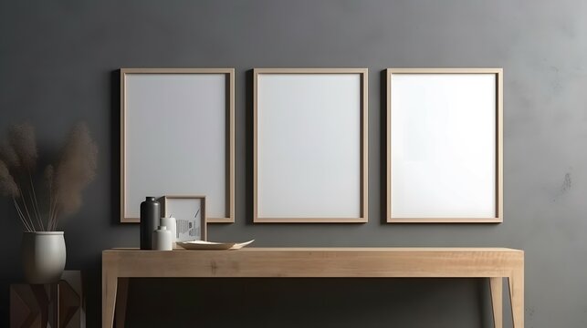 Three blank picture frames mockup on gray wall. Templates for painting or poster. Living room interior design. View of modern rustic style interior with artwork mock-ups, Bright color, ultra realistic
