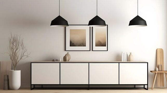 Mockup blank 4 black picture frame gallery on the white beige wall in a contemporary living room with sideboard in morning sunlight. 3D render for poster frame template, Bright color, ultra realistic