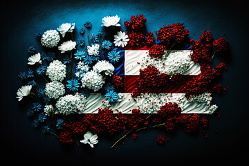 american flag made with flowers blue white and red. 