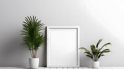 Empty square frame mockup in modern minimalist interior with plants on white wall background, Template for artwork, painting, photo or poster, Bright color, ultra realistic