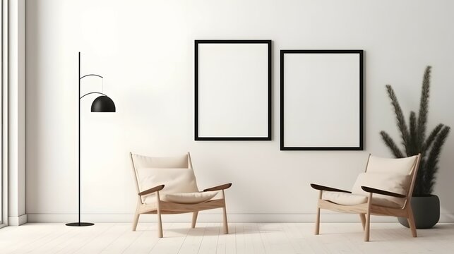 Blank picture frame mockup on white wall. Modern living room design. View of modern Boho style interior with chair, minimalism concept. Two vertical templates for artwork, painting, photo or poster, B