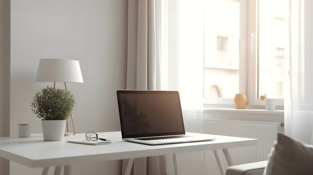 Laptop Computer With Empty Blank Mockup Screen Over White Modern Living Room Design. Home Office, Workplace, Working Or Studying From Home, Distance Learning, Business Concept, Bright Color, Ultra Rea