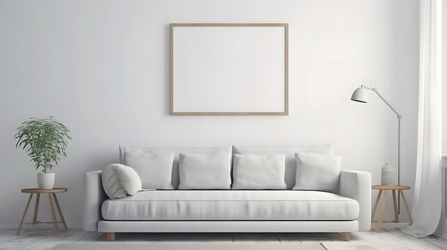 Blank picture frame mockup on white wall. White living room design. View of modern scandinavian style interior with sofa. Home staging and minimalism concept, Bright color, ultra realistic