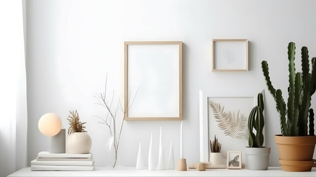 Blank picture frame mockup on white wall. Artwork in minimal interior design. View of modern boho style interior with canvas for painting or poster on wall. Minimalism concept, Bright color, ultra rea