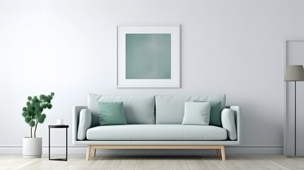 Blank picture frame mockup on white wall. White living room design. View of modern scandinavian style interior with sofa. Home staging and minimalism concept, Bright color, ultra realistic