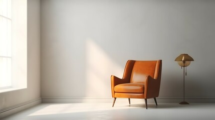 Modern minimalist interior with an armchair on empty white wall background, Bright color, ultra realistic