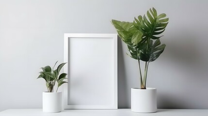White square frame mockup in modern minimalist interior with plant in trendy vase on white wall background, Template for artwork, painting, photo or poster, Bright color, ultra realistic