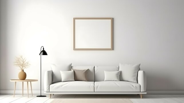 Blank picture frame mockup on white wall. White living room design. View of modern scandinavian style interior with artwork mock up on wall. Home staging and minimalism concept, Bright color, ultra re