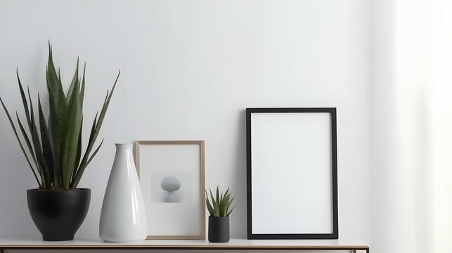 Blank picture frame mockup on white wall. Artwork in design interior. Modern scandinavian style. Home staging and minimalism concept, Bright color, ultra realistic