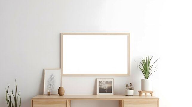 Blank picture frame mockup on white wall horizontal template. Artwork in minimal interior design. View of modern style interior with canvas for painting or poster on wall. Minimalism concept, Bright c