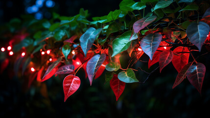 Fond, arrière-plan de feuilles vertes avec une ambiance lumineuse rouge. Nature, plantes, fond pour conception et création graphique.