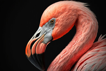 head of a pink flamingo close-up on a black background. generative AI