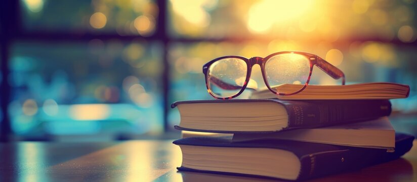 Table with blurry glasses and books, Instagram effect.