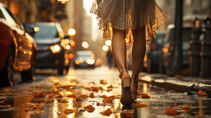 Woman walking on city street at sunset, fashionable shoes and stylish long legs in focus