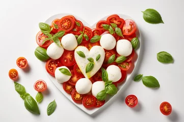 Foto op Plexiglas Caprese salad with sliced ripe tomatoes, mozzarella heart  and fresh basil leaves on white heart shaped plate. Horizontal, top view, white background. © Iryna