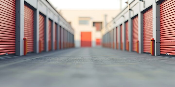 Generative AI, Mini metal self storage facilities rental units, warehouse exterior, industry garage building.	
