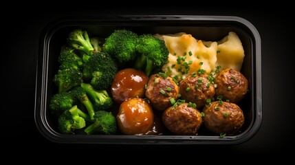 A black background is seen in the top view of a delicious meatball meal with potatoes, greens, and fresh vegetables along with free space.
