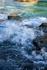 Transparent waters of Kopru River (Köprüçay, ancient Eurymedon) with its emerald green colour in Koprulu Canyon (Köprülü Kanyon) National Park, Antalya, Turkey. It's a rafting paradise