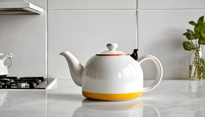 Bauhaus teapot on a white table against a classic kitchen background