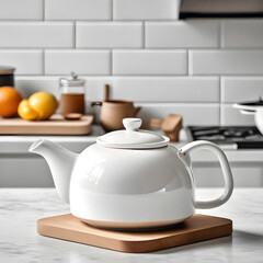 Bauhaus teapot on a white table against a classic kitchen background
