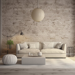 Scandanavian Living room with brick wall, white sofa and white puff