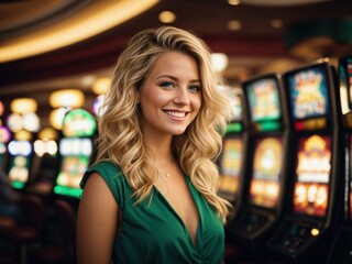 Happy blond woman at casino near slot machines