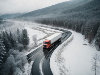 Semi trailer truck driving the winter road through countryside, aerial drone view