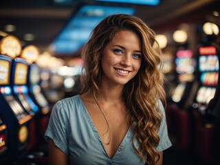 Happy young woman with freckles at casino near slot machines