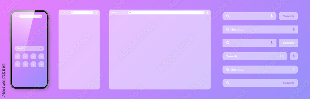 Poster smartphone, transparent internet browser window with various search bar templates. web site engine w
