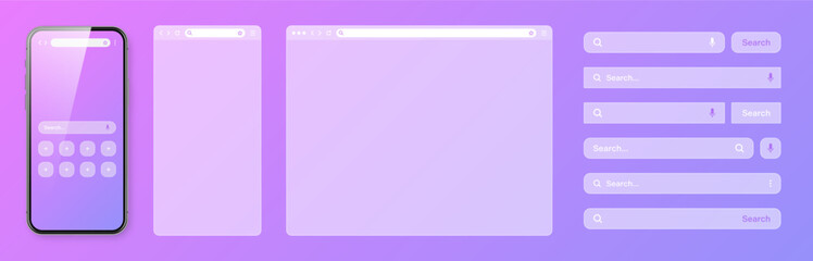 Obraz premium Smartphone, transparent internet browser window with various search bar templates. Web site engine with search box, address bar and text field. Website UI interface elements. Vector illustration