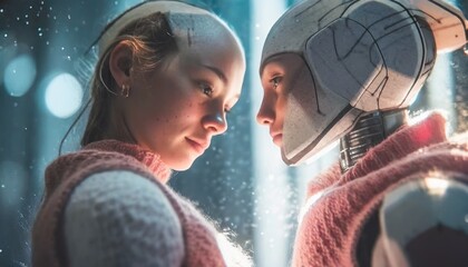 Humanoid robots looking at each other. New future. Romantic, beautiful. Bokeh. Generated by AI.