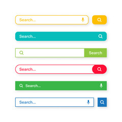 Colorful search bar templates. Internet browser engine with search box, address bar and text field. UI design, website interface element with web icons and push button. Vector illustration