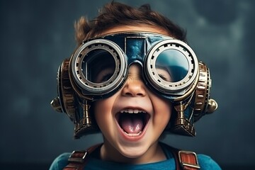 little boy with huge futuristic fantasy glasses on - obrazy, fototapety, plakaty