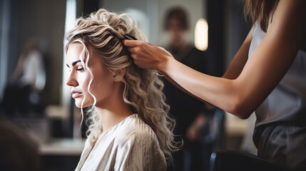 A woman is being treated at a hair salon.