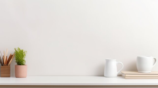 A workspace that is stylish and features office supplies and copy space.