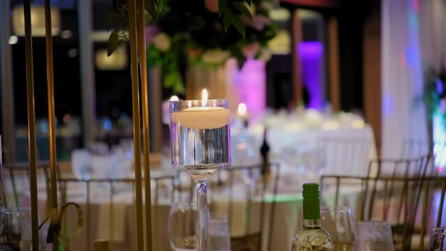 Luxury Restaurant banquet table set up served dinner tableware. Close up Move camera shot
