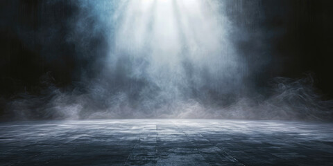 Stage with black background in a fog, - obrazy, fototapety, plakaty