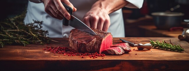 chef cutting pieces of meat with a knife