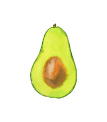 Green avocado painted in watercolor in a simple sketchy style. Watercolor food illustration on transparent background.