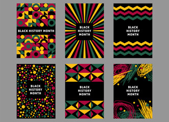 African-Americans Black history month. Abstract geometric black, red, yellow, green color backgrounds. African-American celebration. Set, collection of cards