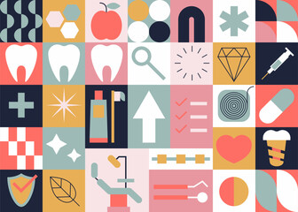 Tooth line icons, symbols and design elements. Tooth signs for stomatology, dentist and dental care clinics. Dental instruments set design concept. Vector illustration