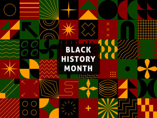 Black History Month. African-Americans Black history month. Abstract geometric black, red, yellow, green color background. African-American celebration card