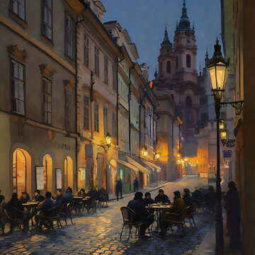 Fototapeta Street cafe in old town at night with people sitting at tables. Oil painting, illustration.
