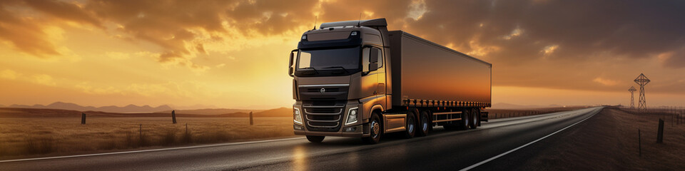 Truck transport on the road at sunset and cargo.Generative AI